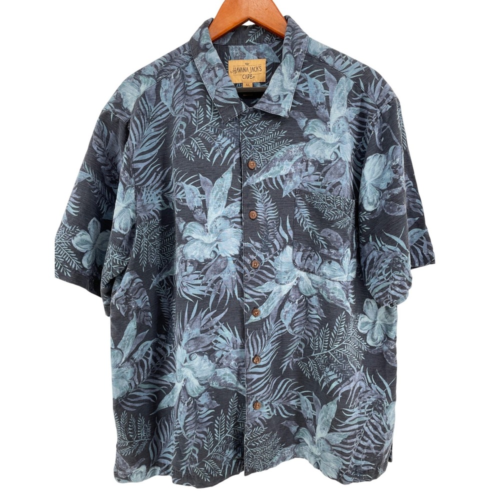 Havana Jacks Cafe 100% Silk Hawaiian Shirt Mens XL Blue Floral Aloha Tropical‎